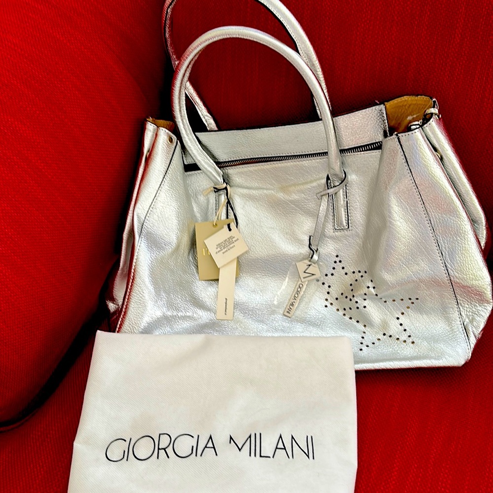 NWT Silver Leather Giorgia Milani Tote Bag